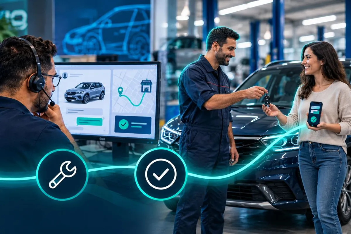 NUVIO Car Assist advisor with a headset, mechanic handing car keys to a smiling customer in a partner garage