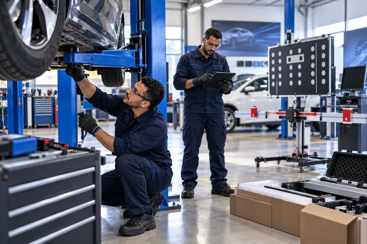 Deux ingénieurs mettant en service un pont élévateur, avec un cadre de calibrage ADAS dans l'atelier