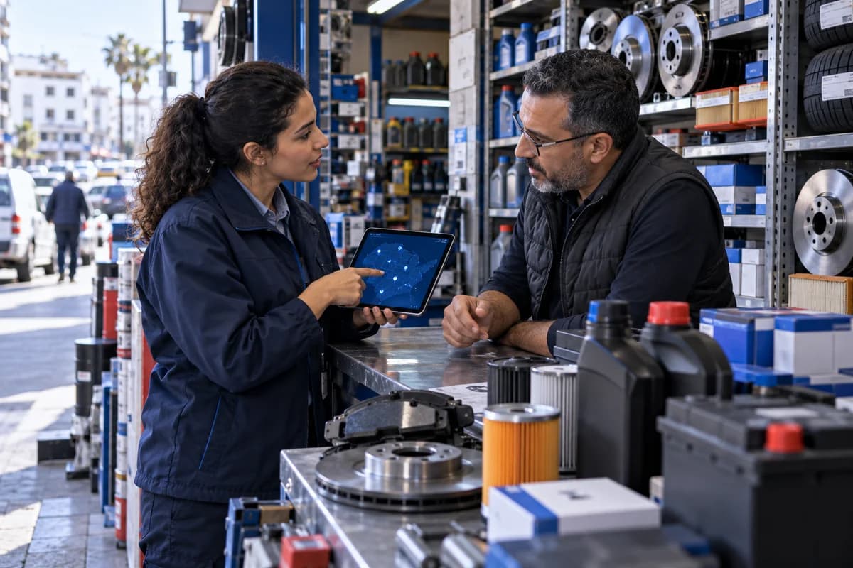 Auditrice terrain montrant une carte sur tablette au gérant d'un magasin de pièces auto