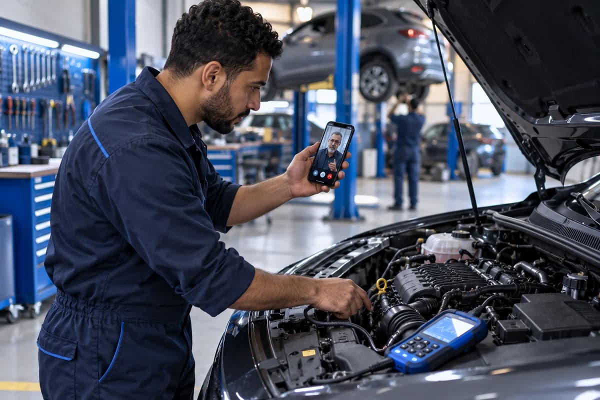 Mécanicien en appel vidéo avec un expert à distance, valise de diagnostic branchée sur le moteur