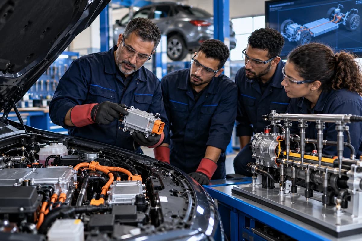 Formateur présentant un composant haute tension à des techniciens en lunettes de sécurité, près d'un banc d'injection common-rail
